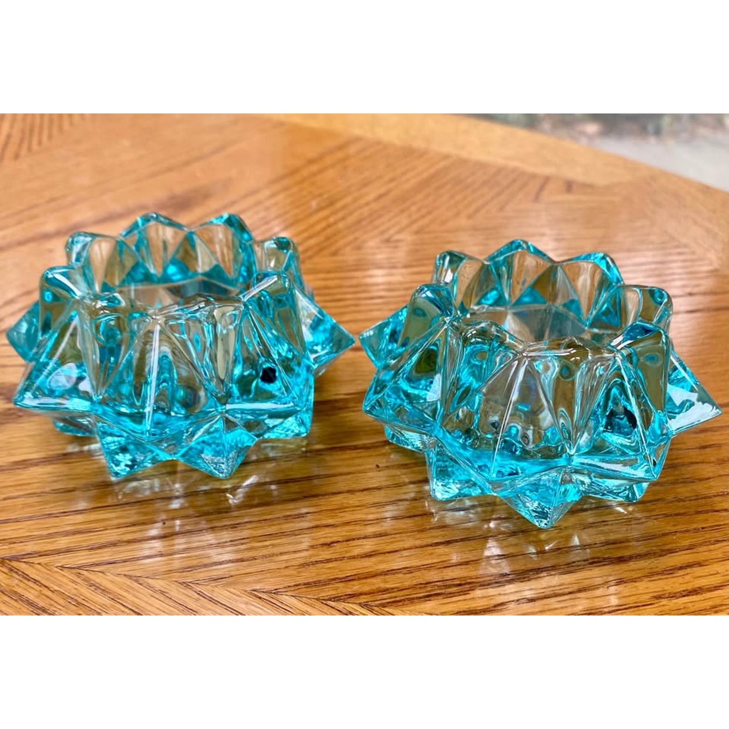 Pair of Vintage Starburst Atar Turquoise Glass Candle Holder Tea Light