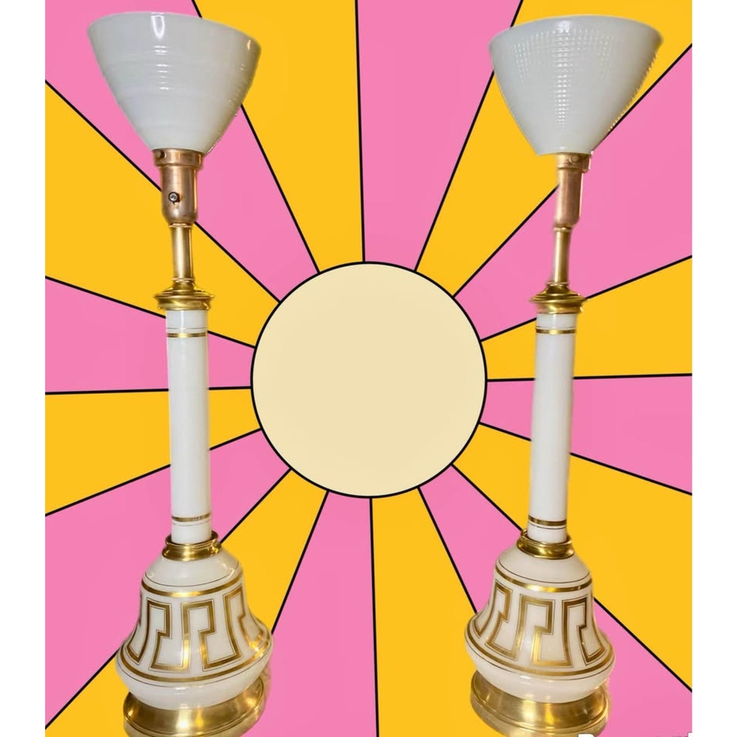 vintage pair of Greek key Torchiere lamps