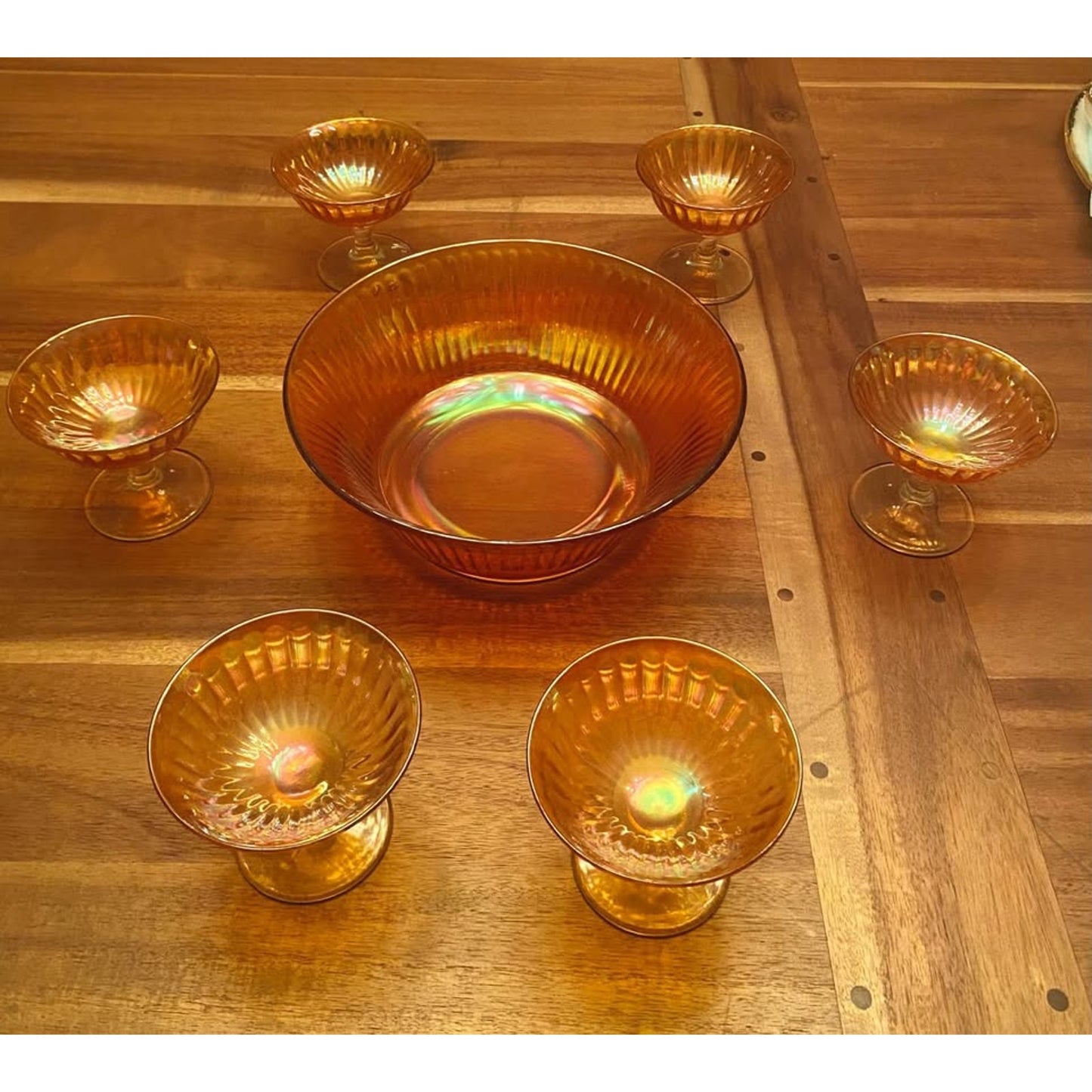 Vintage Carnival Glass fruit bowl and footed berry bowls