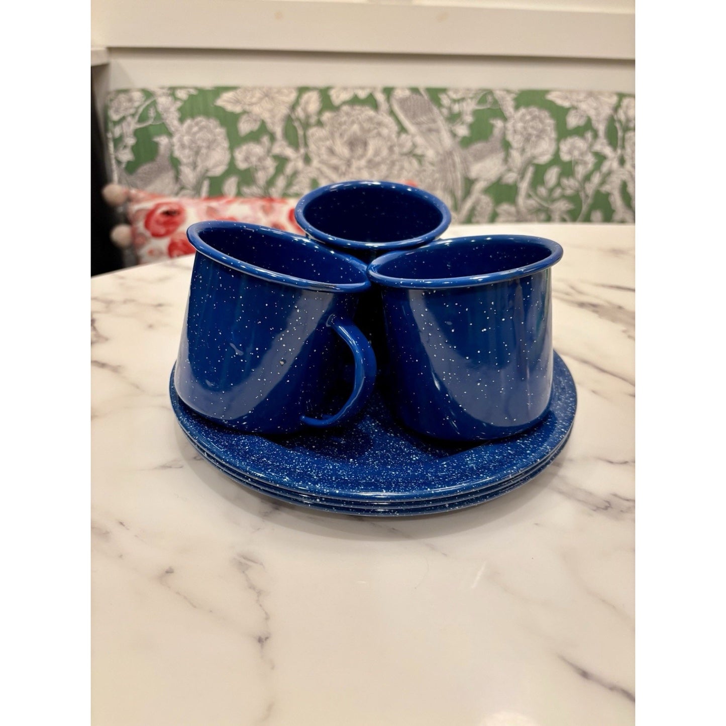 Vintage Enamelware Blue White Speckled Dish Set 3 Plates And 3 Mugs