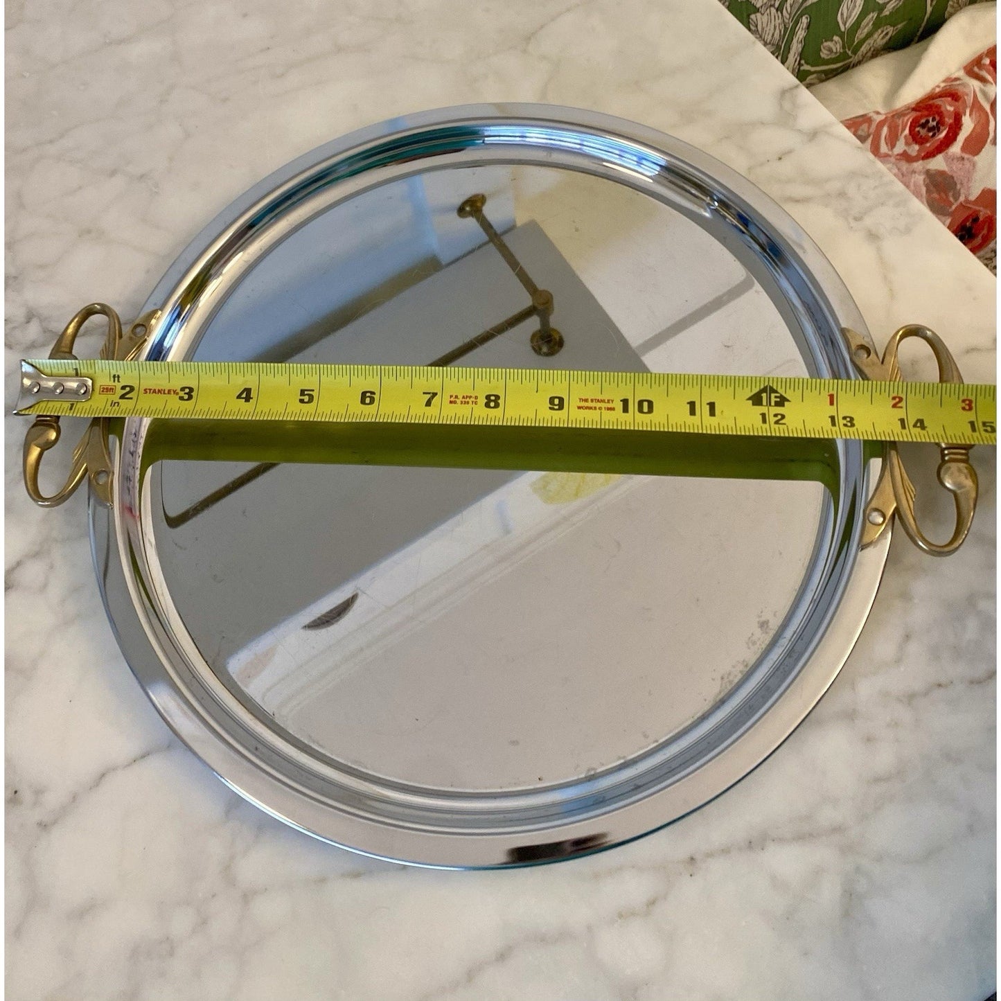 MCM 15" Round Chromed Silver Serving Tray Ornate Brass Handles Vintage Kromex