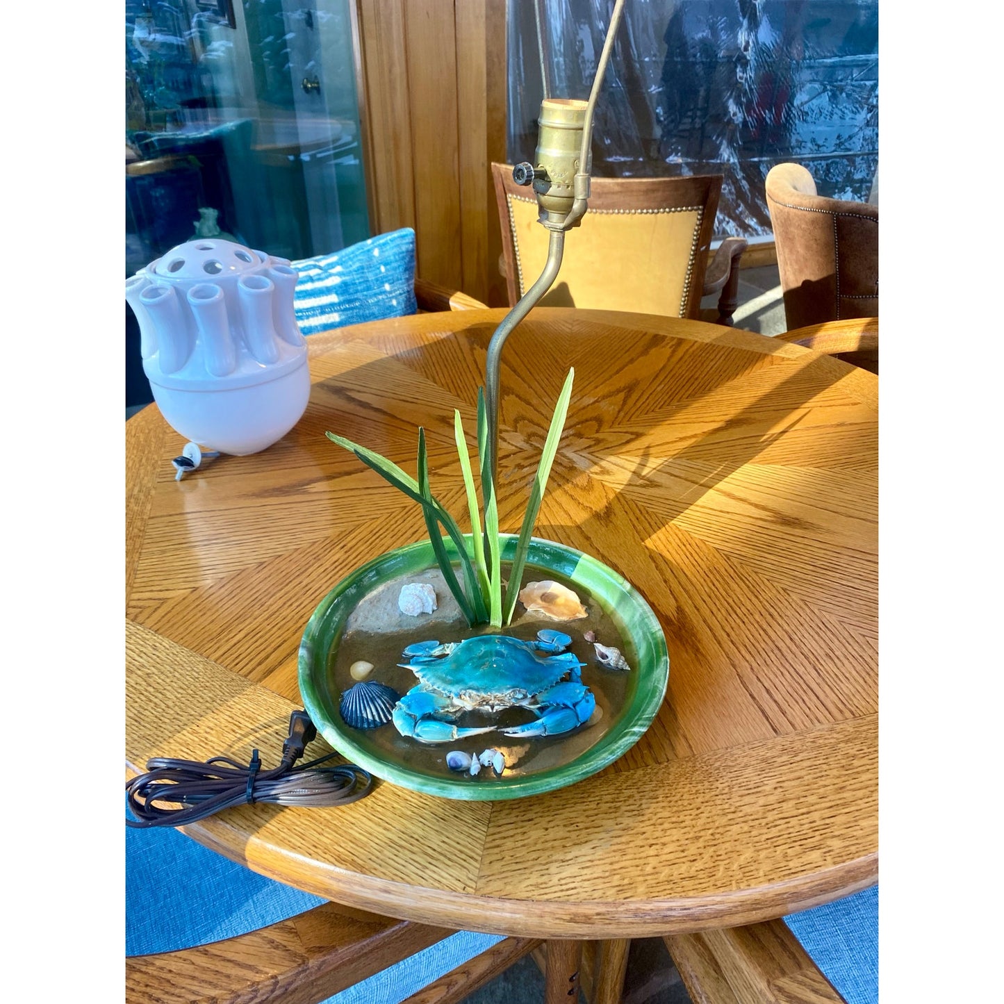 Vintage Preserved Blue Crab, Shell and Starfish lamp.