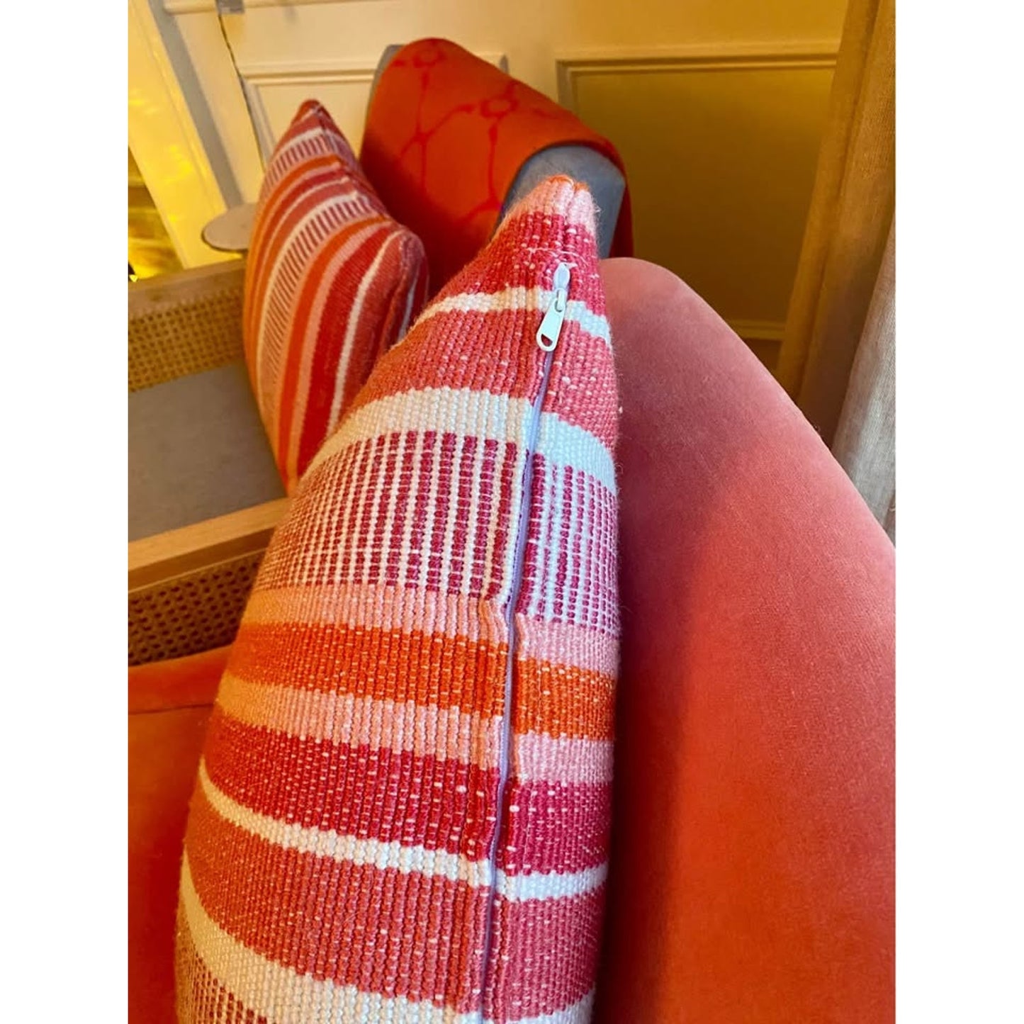 Pink, Orange and White Kit Kemp for Annie Selke pillows