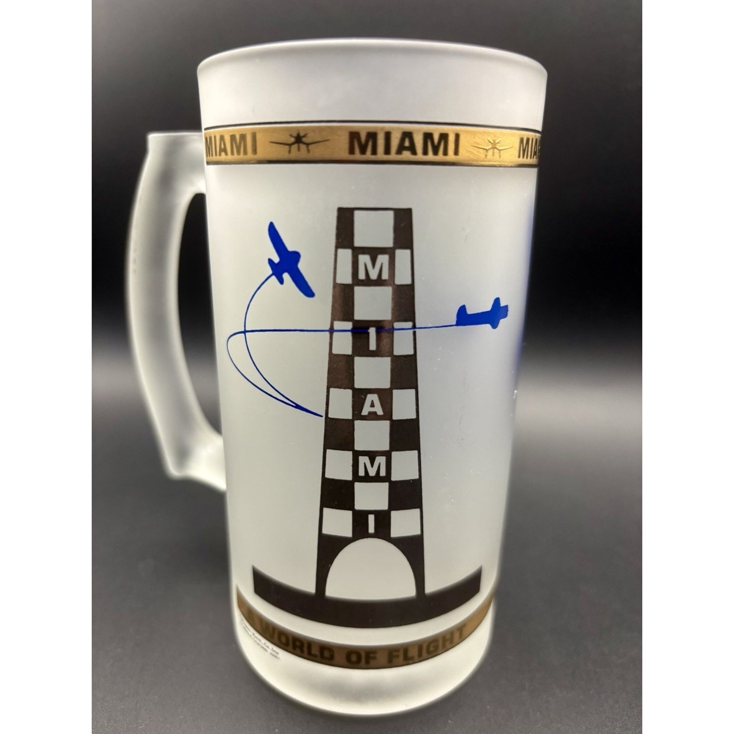 Vtg Miami Frosted Glass Mug Kapan Kent 22K Gold Accent Airplane Collectible Mug