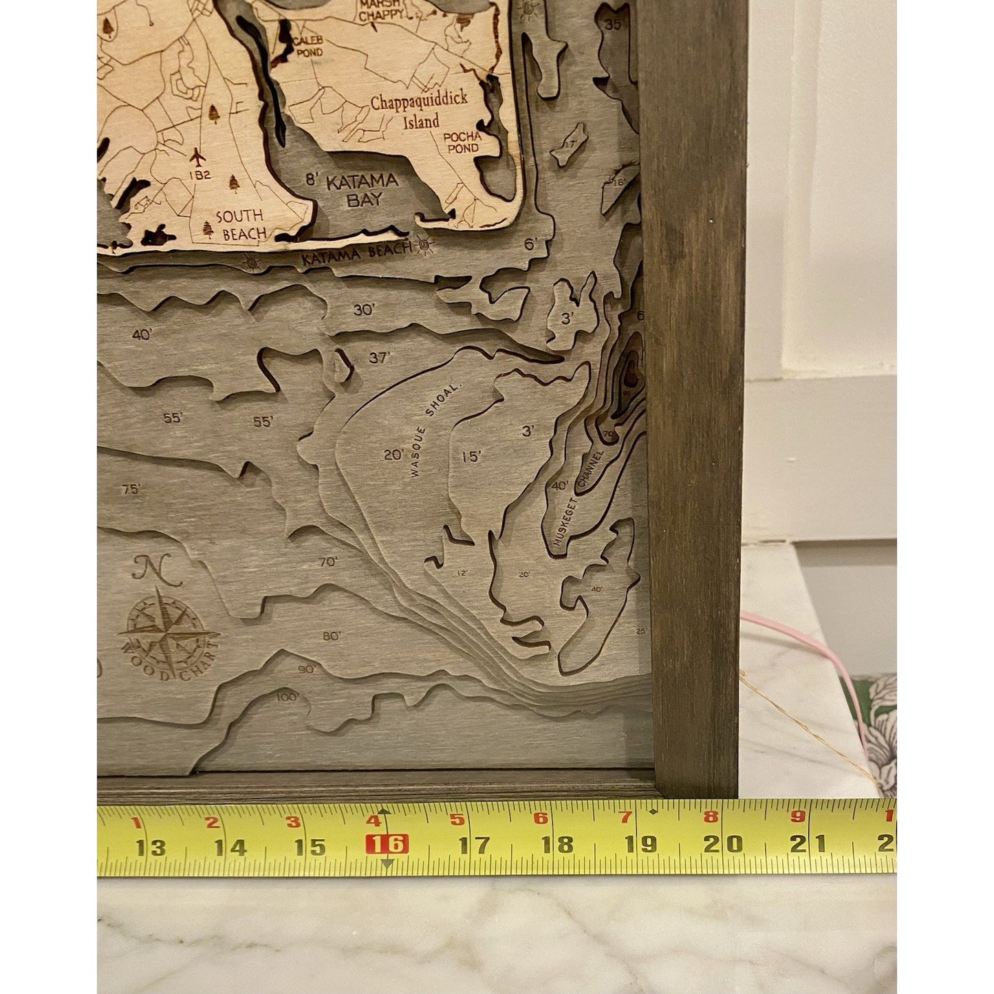 Martha's Vineyard 3D Nautical Wood Map in a grey frame