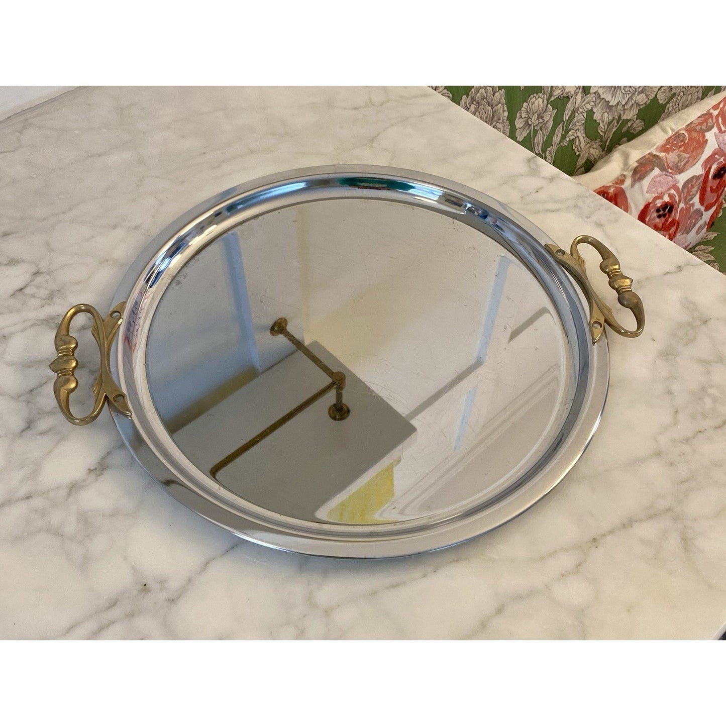 MCM 15" Round Chromed Silver Serving Tray Ornate Brass Handles Vintage Kromex