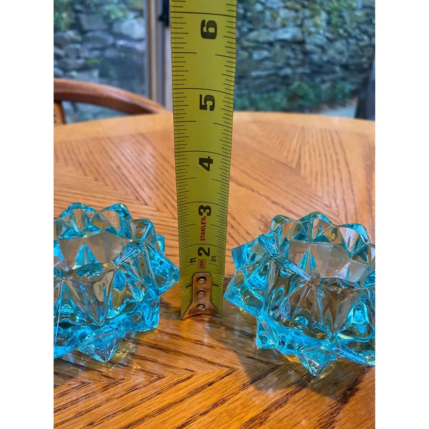 Pair of Vintage Starburst Atar Turquoise Glass Candle Holder Tea Light