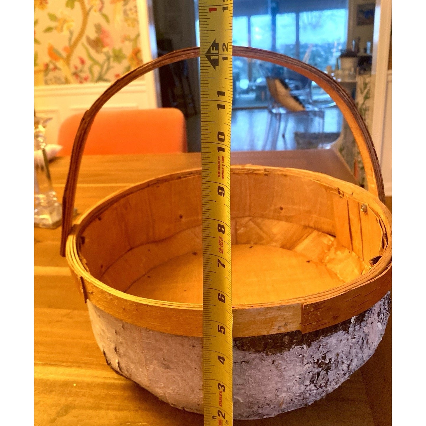 River Birch Bark Covered Basket w. Wooden Handle And Wooden Base.